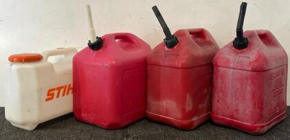 (3) 5 Gallon Gasoline Cans & Stihl Tank
