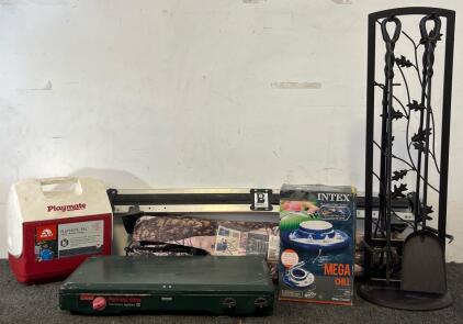 Outdoor / Camping Goods Including Coleman Propane Stove, Camp High Chair, Car Roof Rack, Intex Mega Chill Tube, Fire Poker Set & Cooler