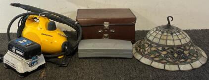 Tiffany Style Stained Glass Chandelier, Cassette Carrier & Cassettes, McCulloch Portable Power Steam Cleaner, Hamilton Beach Electric Knife Set & Hart Battery & Charger