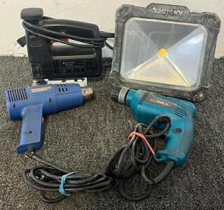 Tools Including Husky Work Light, Black & Decker Jigsaw, Makita Corded Drill & Emhart Thermostrip Paint Stripper 1200