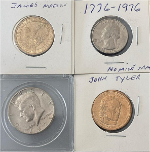 James Madison Presidential Dollar, 1776-1976 Bicentennial Quarter, 1976 Kennedy Half Dollar, And John Tyler Presidential Dollar