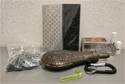 "Man Stuff" (2) Diamond Stones, Vintage Powder Flask, (2) Morgan "COPY" Coins, and More