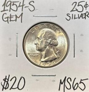 1954-S MS65 GEM SILVER WASHINGTON .25c