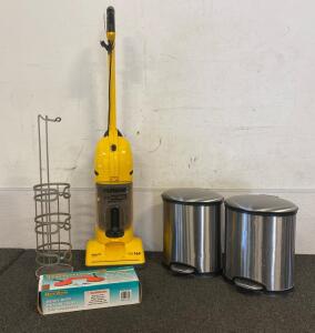 (2) Metal Step-On Trash Cans, Eureka The Boss Super Lite Vacuum (Works), Toilet Paper Holder And Heavy Duty Dual Suction Cup Professional