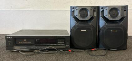 (2) Panasonic Bookshelf Speakers And (1) Sony 10-Disk Magazine Style CD Player