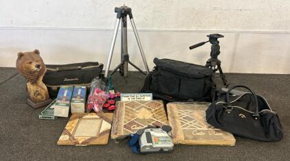 (2) Tripods, (1) Bevisgear Top Shelf Camera Bag, (2) 9 Inch Candles, And More