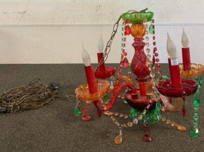 Stained Glass And Multiple Colored Crystal Chandelier (Unable To Test)
