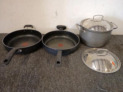 (2) T-Fal 12" Frying Pan, 6"X10" Pot With Locking Straining Lid and Stainless Steel Lid