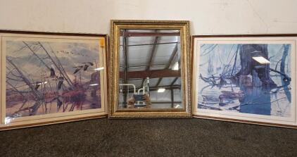 (2) Decorative Pheasant Framed Paintings 25"X20", (1) 20"X24" Framed Mirror