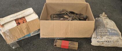 Box Of Grip Caps, Tire Chains, Carpenter Tools
