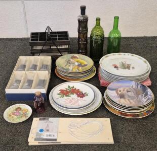 4 Glass Bottles, Jewelry Box, 6 Frosted Glass Cups, 2 Wall Shelf, (28) Wall Decor Plates