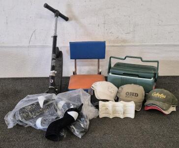Stadium Seat, Cooler, Beer Cooler Pack, (9) Geese Heads, Scooter, (14) Hats