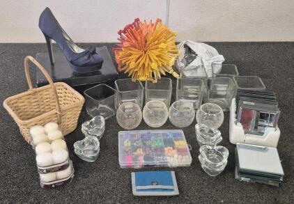 Candle Decor Bundle! 8 Square Candle Holders, 4 Round Candle Holders, 8 Heart Candle Holders, (18) Mirror Coasters, Basket, Women's Shoes(Size 10), Kids Toys