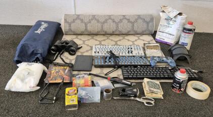 White Stag 2 Person Tent, Rug Runner(10Ft), 3 Key Boards, Binoculars, Goonies DVD, Garden Seeds, Grout, PS Controller, And More!