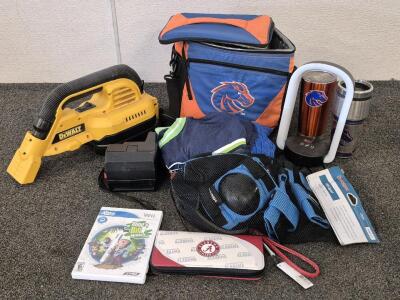 BSU Cooler, BSU Thermos, Dewalt Vacuum, Protective Pad Set, Polaroid Camera, WII Game, Charging Light, And More.