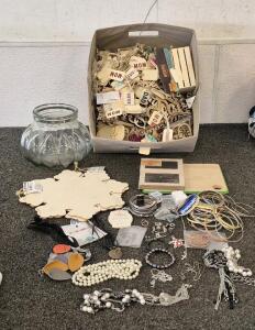 Beautiful Jewelry (Necklaces, Earrings, Bracelets), Box Of Wood Crafts, Glass Jar