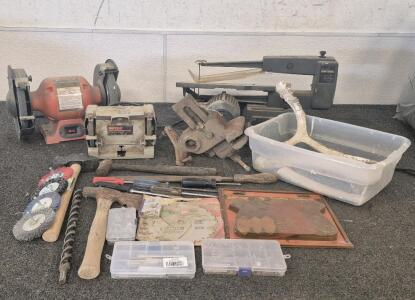 Central Machinery 8" Bench Grinder(Works), Shop Craft 5" Bench Grinder(Works), Seats Craftsman 16" Scroll Saw(Works), Bench Clamp, Hatchet, Polishing Tools, Skillsaw Blade, And More Tool Accessories, Animal Bones/Antlers