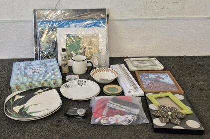 Kitchen Plates, 3 Picture Frames, Coolpix Camera, Charger Cords, Mugs, Bowl, Recipe Collection Book, Various Sized Prints And More.