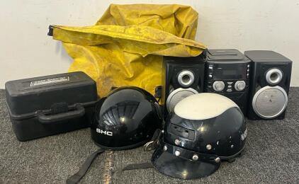 Naxa Portable Stereo, (2) Motorcycle Helmets, Shotgun Ammunition Box & Texsport Bag