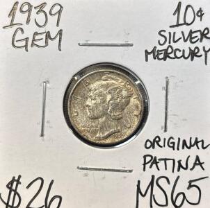 1939 MS65 ORIGINAL PATINA SILVER MERCURY .10c