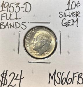 1953-D MS66FB FULL BANDS GEM SILVER 10c