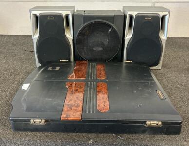 (2) Aiwa Speaker Systems, (1) Black Web Subwoofer, And (1) Halex Dart Board