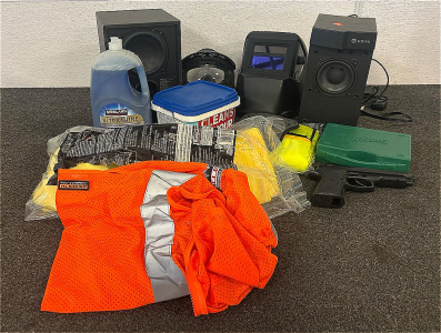 (1) Chicago Electric Welding Helmet, (9) Kirkland Microfiber Towels, (1) High Visibility Vest, And More