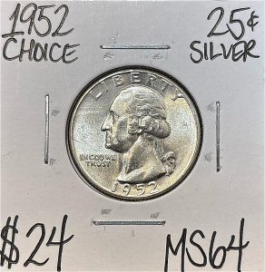 1952 MS64 CHOICE SILVER WASHINGTON .25c