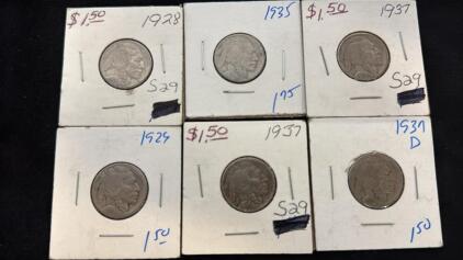 (6) Buffalo Nickels - 1928 , 1935 , 1937