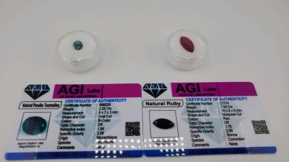 2) Certification of Authenticity Natural Gemstone <br/>1. 7.00 ct Red Ruby Marquise Cut Faceted Gemstone <br/>2. 2.25ct Bi color Paraiba Tourmaline Faceted Gemstone <br/>