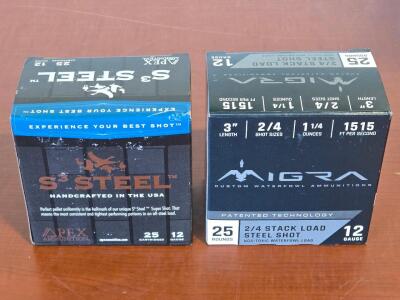 (2) Full Boxes of [25] 12 Gauge Shotgun Cartridges: Apex S&sup3; Steel & Migra Steel