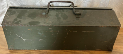 Metal Tool Box W/ Assortment Of Vintage Tools (2) Snap On Wrenches (1) Sabre Saw Jig Saw (1)Hand Crank Dazey Sharpit Sharpening Tool &more