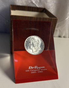 Dr. Pepper 100 Original Years Commemorative 1885 Morgan Silver Dollar Paperweight