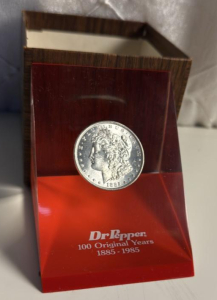 Dr. Pepper 100 Original Years Commemorative 1885 Morgan Silver Dollar Paperweight