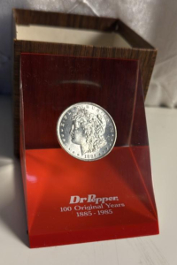 Dr. Pepper 100 Original Years Commemorative 1885 Morgan Silver Dollar Paperweight
