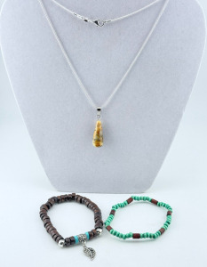 (1) Natural Stone Necklace & (2) Wood Bead Bracelets