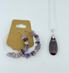 (1) Purple Striped Fire Agate .925 Necklace & Hoop Earrings