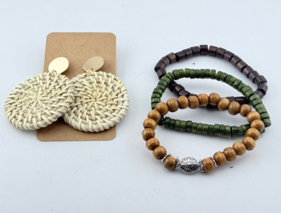(1) Boho Raffia Earrings & (3) Wood Bead Bracelets