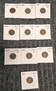 (10) Assorted Indian Head Pennies, 1881-1906