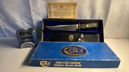 United Cutlery 1993 Colt Bowie Knife #830 Of 7500 W/COA , Box Of Federal Ammunition 20 GA Lead Game Loads
