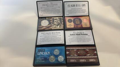 Assorted Collector Coins W/COA (1) JFK Bicentennial Half Dollar (1) 125 Years Of U.S. Cents (1) 1943 Lincoln Steel Penny Mint Amari Collection (1) Three Decades Of Indian Head Pennys