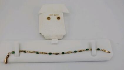 Gorgeous Emerald Green Bracelet With 14kt. Gold Earrings