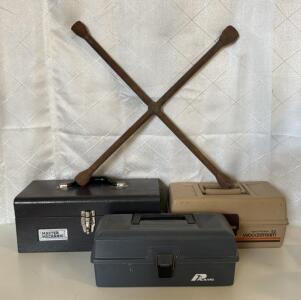 (3) Small Empty Tools Boxes 2 Plastic Boxes, 1 Metal Box (1) 4Way Lug Wrench