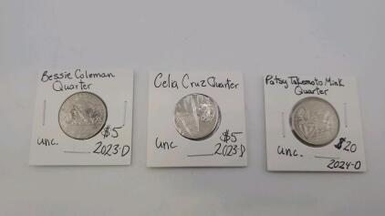(1) Uncirculated 2023-D Bessie Coleman Quarter (1) Uncirculated 2023-D Celia Cruz Quarter (1) 2024-D Patsy Takemoto Mink Quarter