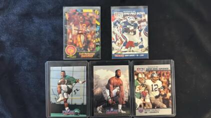 (2) Autographed & Stamped Pro Line cards From The 1991 12th Annual Anaheim Convention Blair Thomas & Michael Cofer (1) Prototype Todd Marinovich Wild Card From The 1991 12th Annual Anaheim Convention (2) Pro Set Cards -Roger Staubach & Barry Sanders
