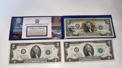 $2 Bank Notes (1) 2003 Commemorative U.S. Colorized $2 Bank Note w/COA (2) 1976 $2 Bank Notes