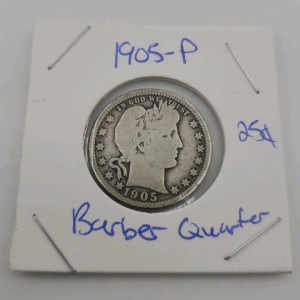 1905 Barber Quarter, Philadelphia Mint, 90% Silver Coin, U.S. Currency