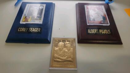 (1) Corey Seager Framed Card (1) Albert Pujols Framed Coin (1) 23 KT Gold Foil Iron Men Card