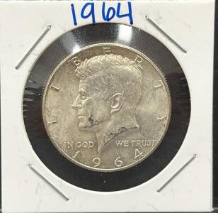 1964 Kennedy Half Dollar Coin, 90% Silver, 11.34g Weight