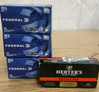 Ammo! 150rds Federal Small Game .22LR No12 Bird Shot 25gr and 50rds Herters .32 Auto/ACP 73gr FMJ